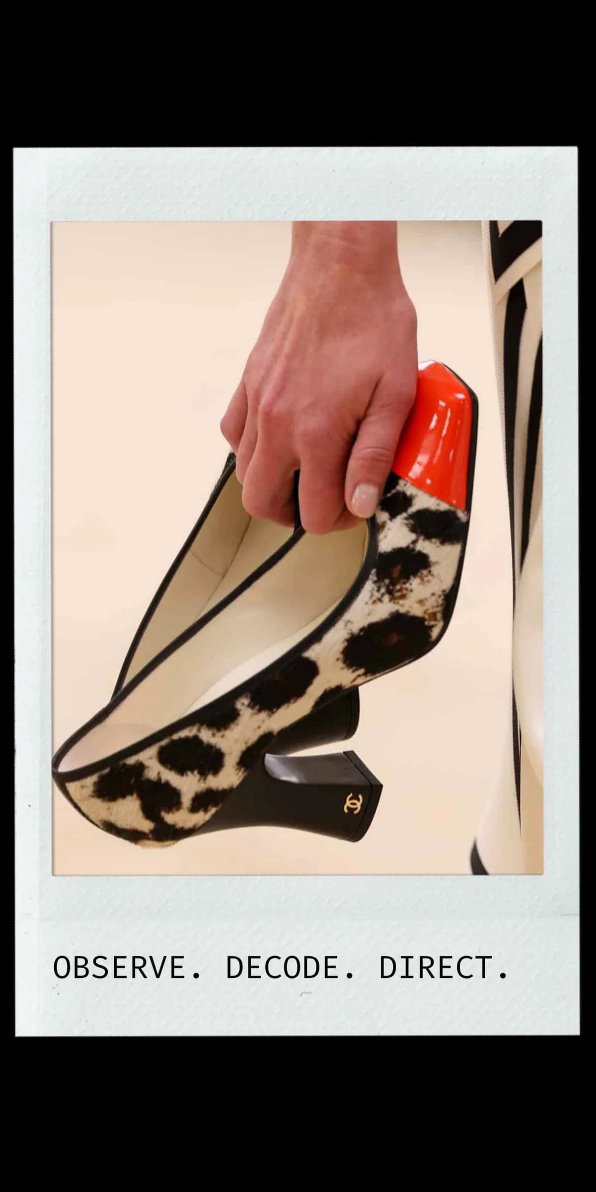 Moodboard editorial com materiais, acessórios e legenda observe decode direct